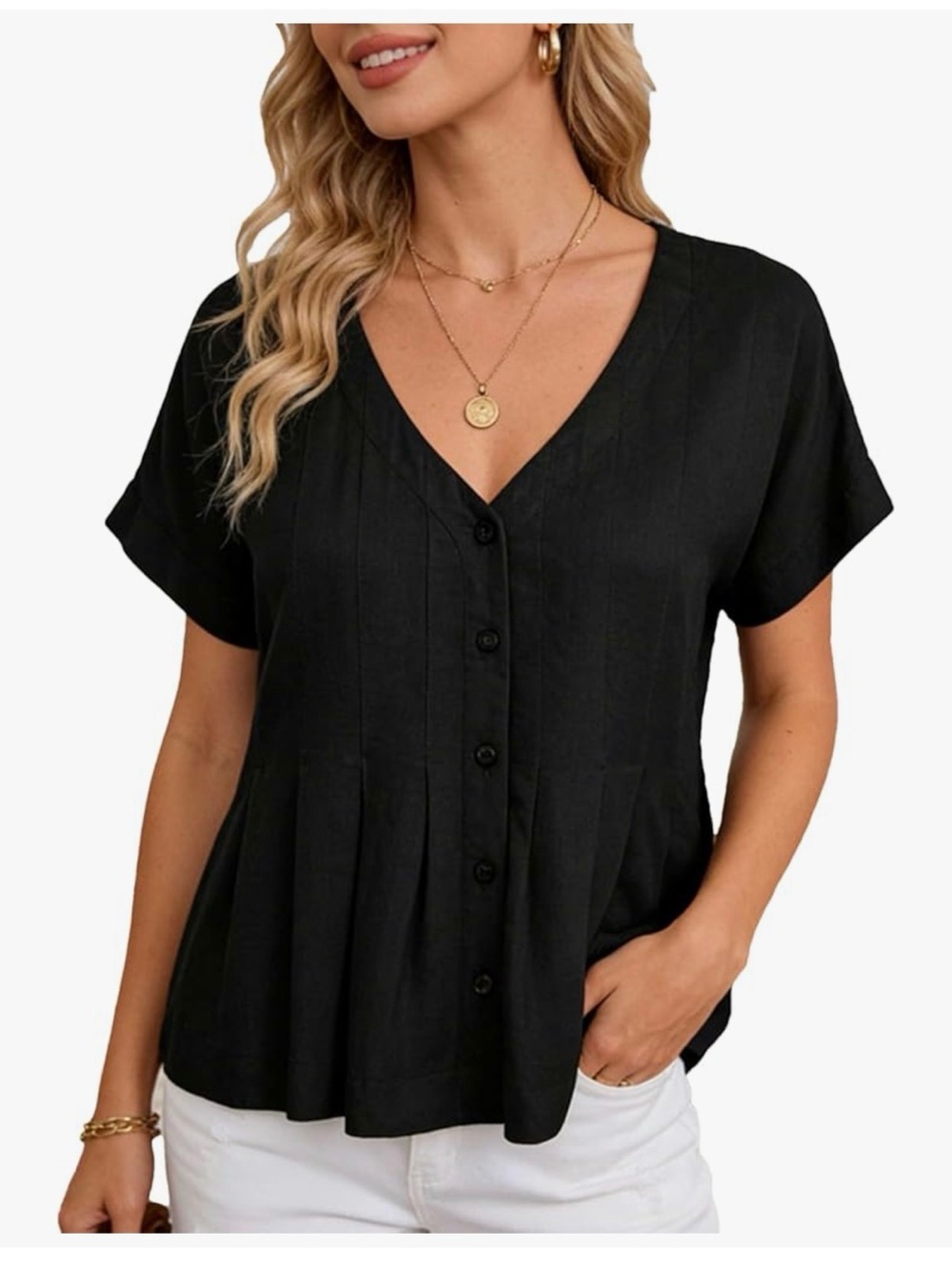 NWT Black Short-Sleeve V-Neck Button Front Linen Blend Top-S